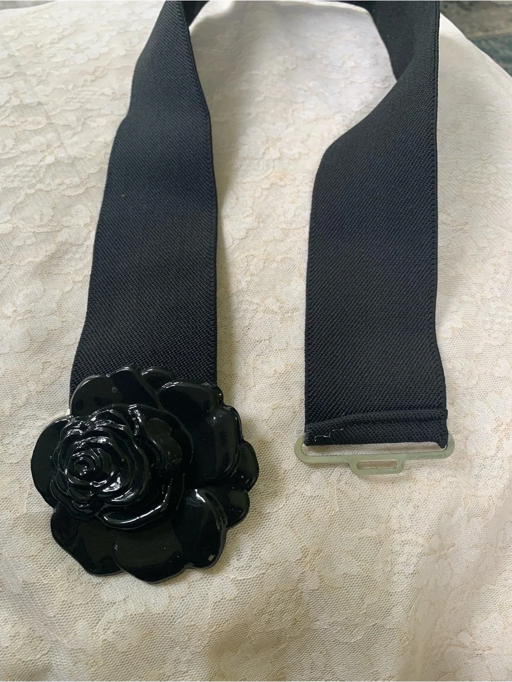 Women’s Black Rose Flower Elastic Stretch Belt | Retro Wide Dress Cinch Band